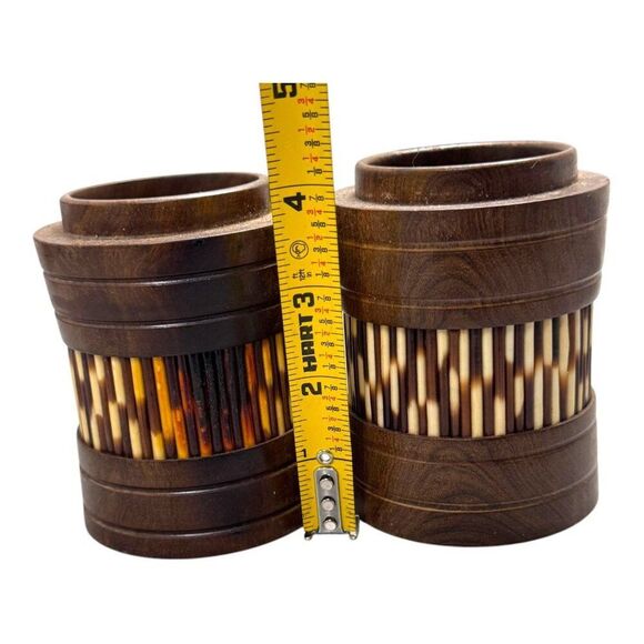 Vintage Ceylonese Handcrafted Wooden Vases Pot Pencil Holder Porcupine Quills - Picture 6 of 6